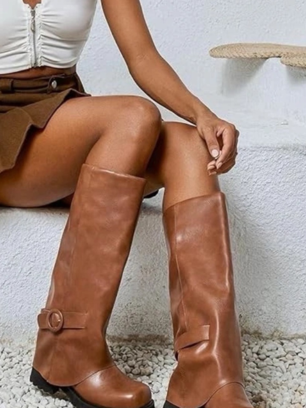 Women's Tall Tan Leather Buckle Riding Boots